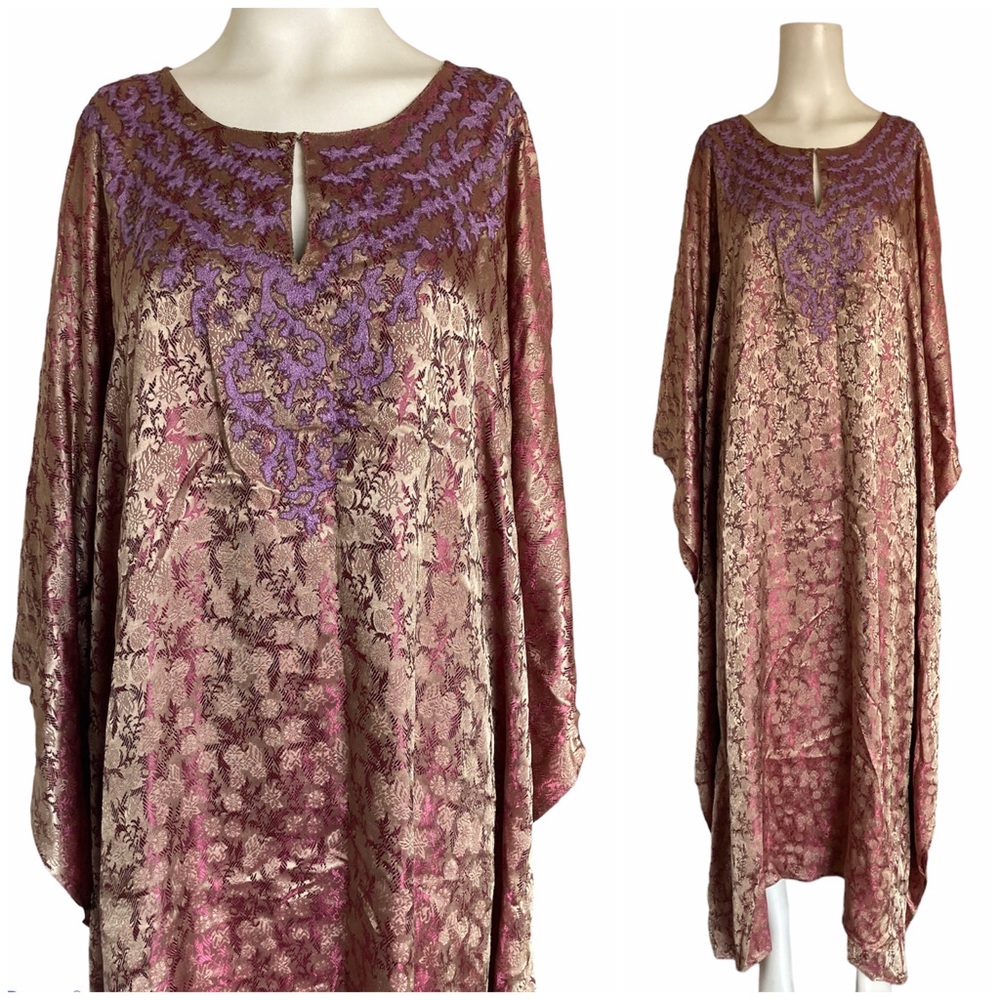 Vtg Smithsonian Institution Gold Purple Shimmering Embroidered Kaftan Dress M-L